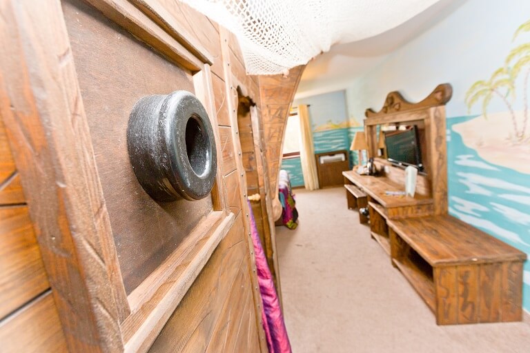 The main bedroom area in the Pirate Suite